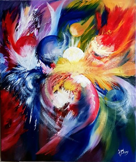 Composition abstraite dynamique avec des couleurs vives et des formes tourbillonnantes.