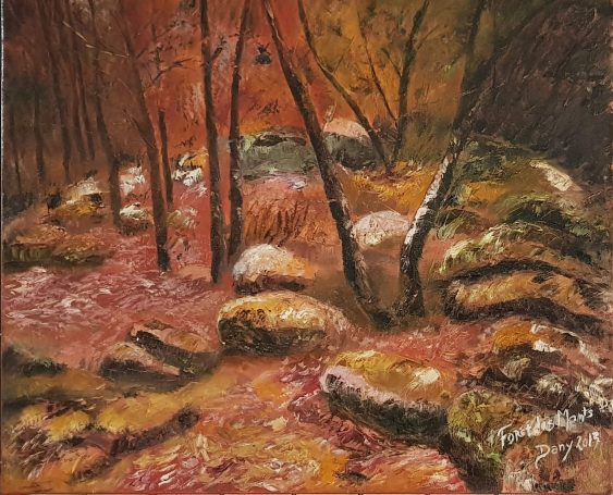 Un paysage automnal avec des rochers, des arbres et des feuilles rouges.