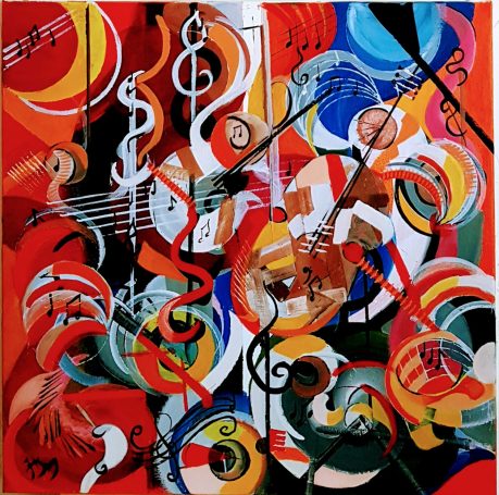 Composition abstraite colorée avec des formes musicales et des motifs dynamiques.