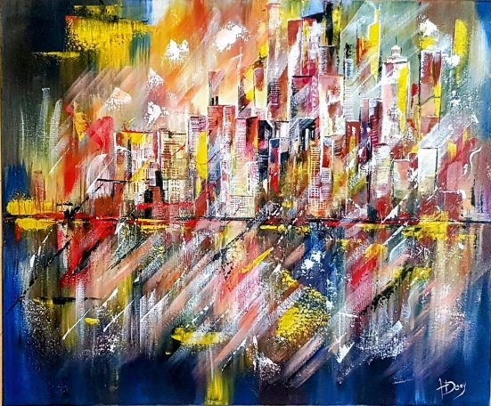 Peinture abstraite colorée représentant une ville vibrante au bord de l'eau.