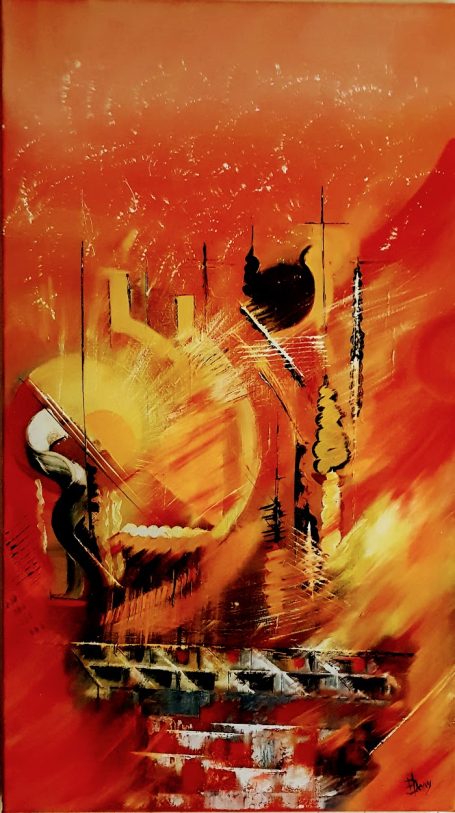 Composition abstraite avec des formes organiques et des teintes vives de rouge et orange.
