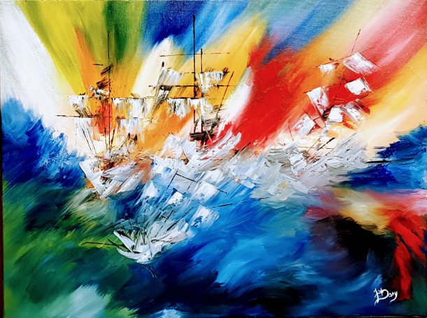 Vaisseaux naviguant dans des eaux tourbillonnantes, avec des couleurs vives en arrière-plan.
