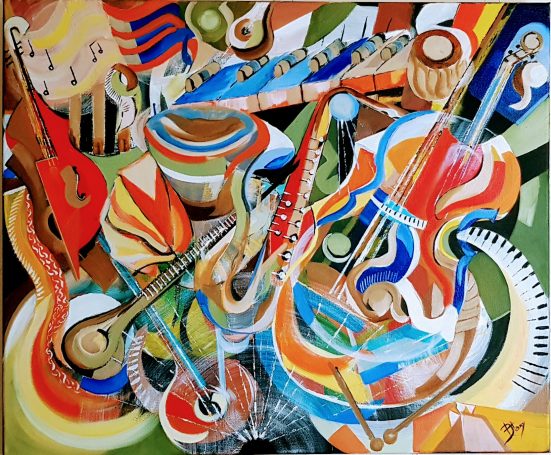 Composition colorée d'instruments de musique dans un style abstrait et dynamique.
