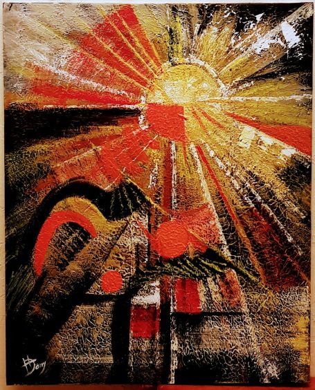 Composition abstraite avec des rayons de soleil, formes géométriques et couleurs vives.