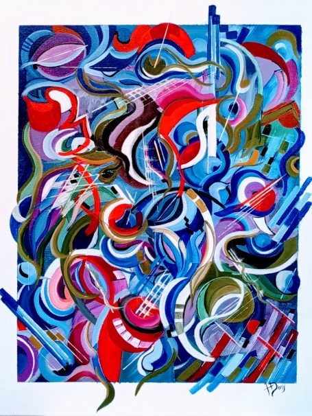 Composition colorée et abstraite avec des formes fluides et des motifs dynamiques.