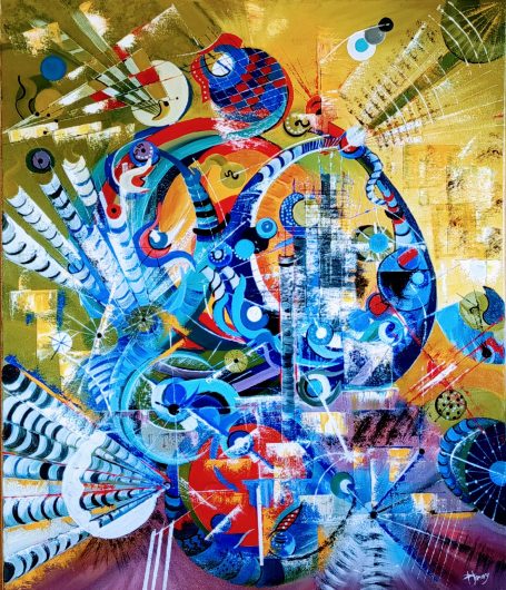 Composition abstraite colorée avec des formes géométriques et des motifs vibrants.
