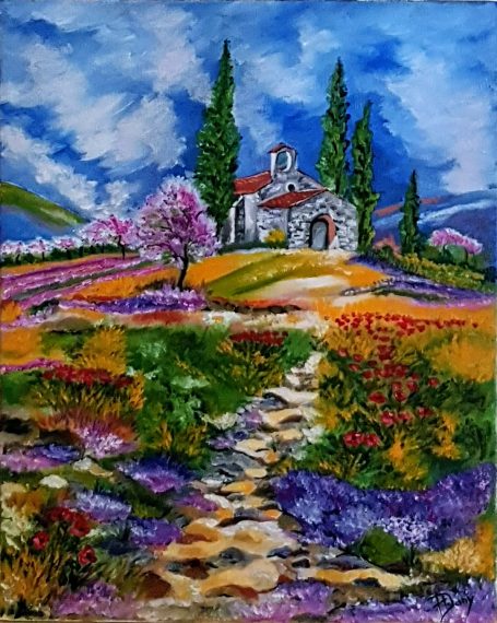 Un paysage coloré avec une Chapelle en pierre, des fleurs et des arbres verdoyants.