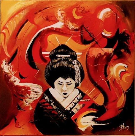Femme japonaise en kimono avec des couleurs chaudes et des motifs abstraits en arrière-plan.