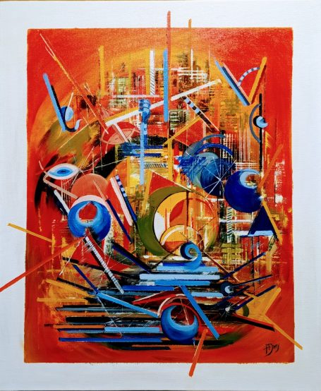 Composition abstraite colorée avec des formes géométriques et des lignes dynamiques.