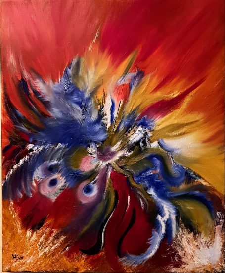 Peinture abstraite aux couleurs vives, avec des formes tourbillonnantes et énergétiques.