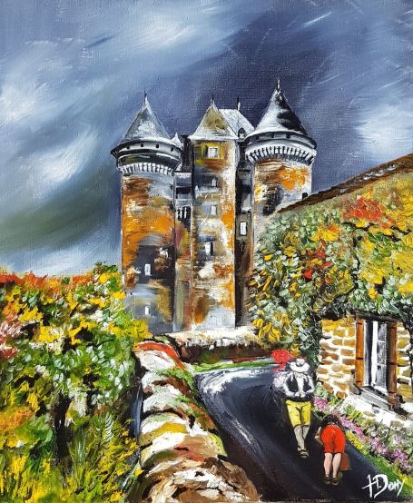 Château médiéval sous un ciel nuageux, avec des vignes colorées et des promeneurs.