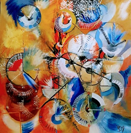 Abstrait coloré avec des cercles, des lignes noires et des motifs fluides en bleu et orange.