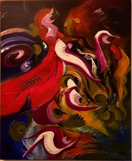 Composition abstraite aux formes fluides et couleurs vives évoquant le mouvement et l'énergie.