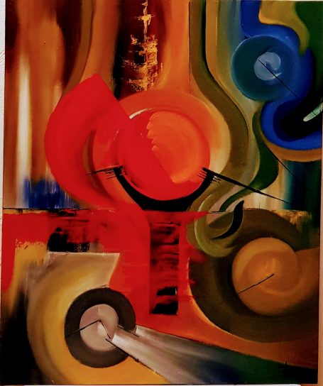 Composition abstraite avec des cercles colorés et des formes fluides sur fond lumineux.